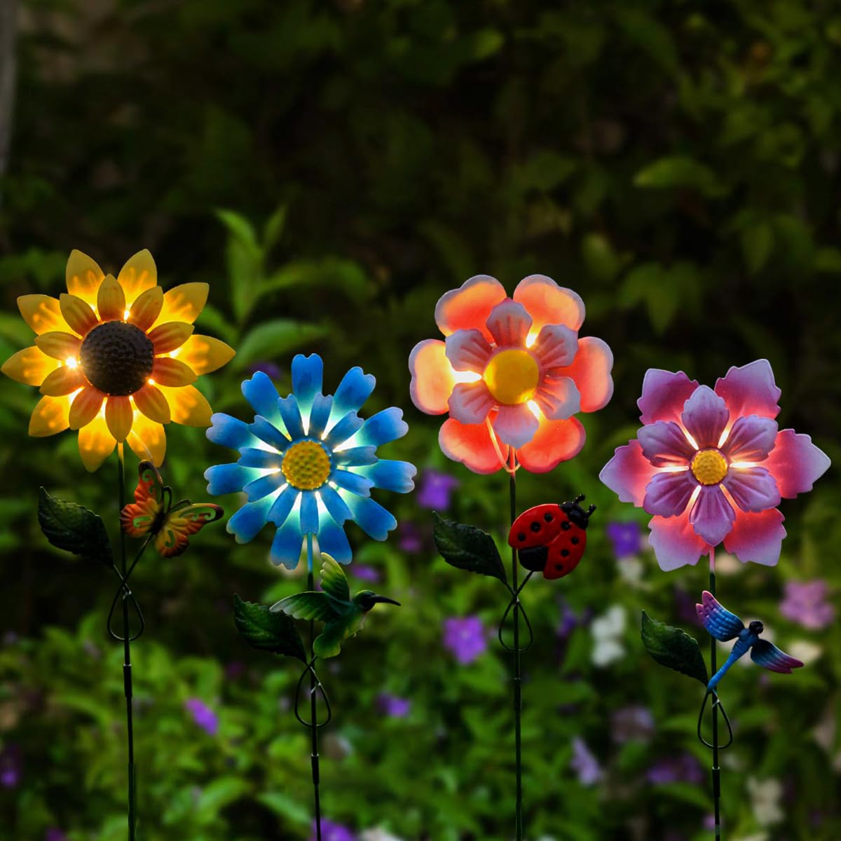 EiGreen solar-powered garden stake lights illuminate paths at night.