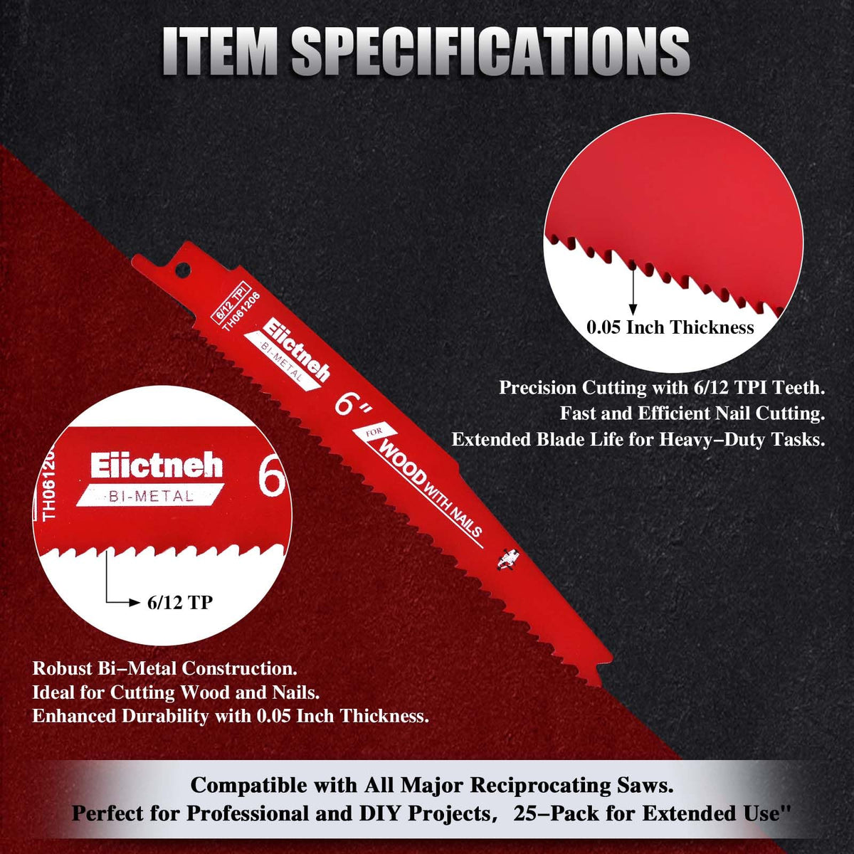 Eiictneh 6-inch bi-metal blade cutting nail-embedded wood for cleaner results.