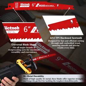 Eiictneh versatile blades for wood, metal demolition, and construction tasks.
