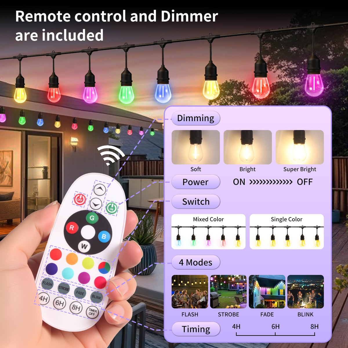 EIKOSON RGBW color-changing bulbs create dynamic backyard accents.