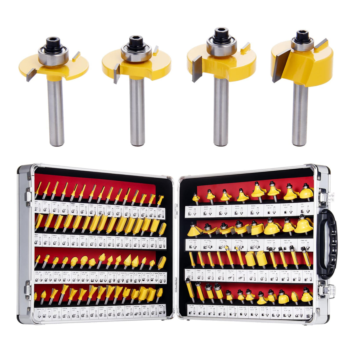 EilxMag 100-piece router bit set with aluminum case for organized storage.