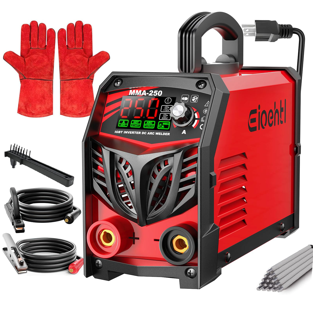 Eioehtl 250Amp stick welder front view, compact and ready for on-site repairs.