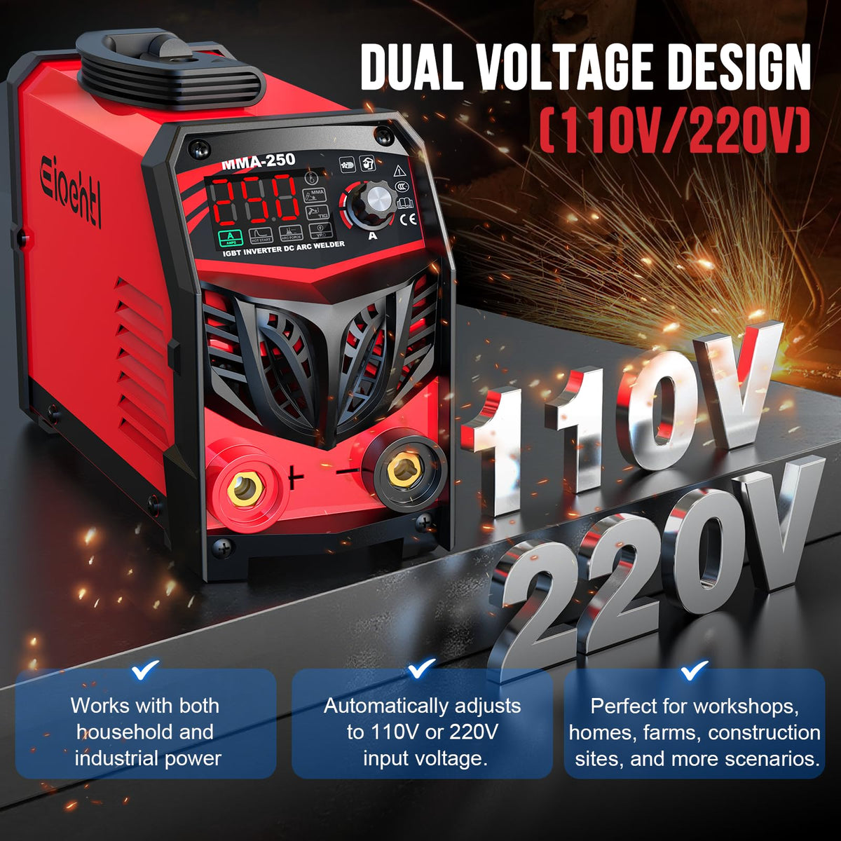 Eioehtl dual-voltage setup supports 110V and 220V power at job sites.