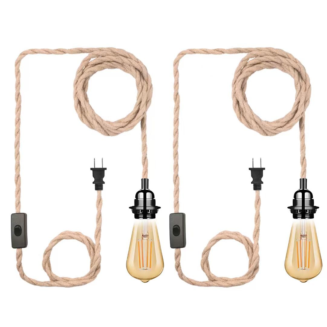Eivtokn plug-in pendant light cord 15ft hemp rope in use for flexible hanging