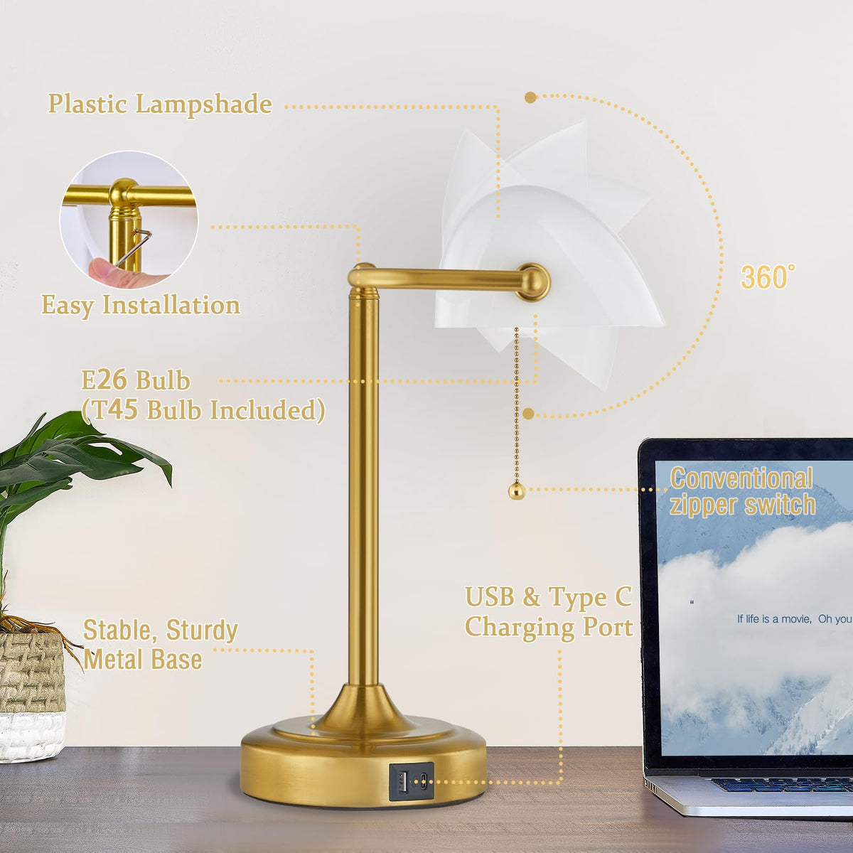 EJIAXIN white plastic shade boosts retro banker's lamp aesthetics for home office.