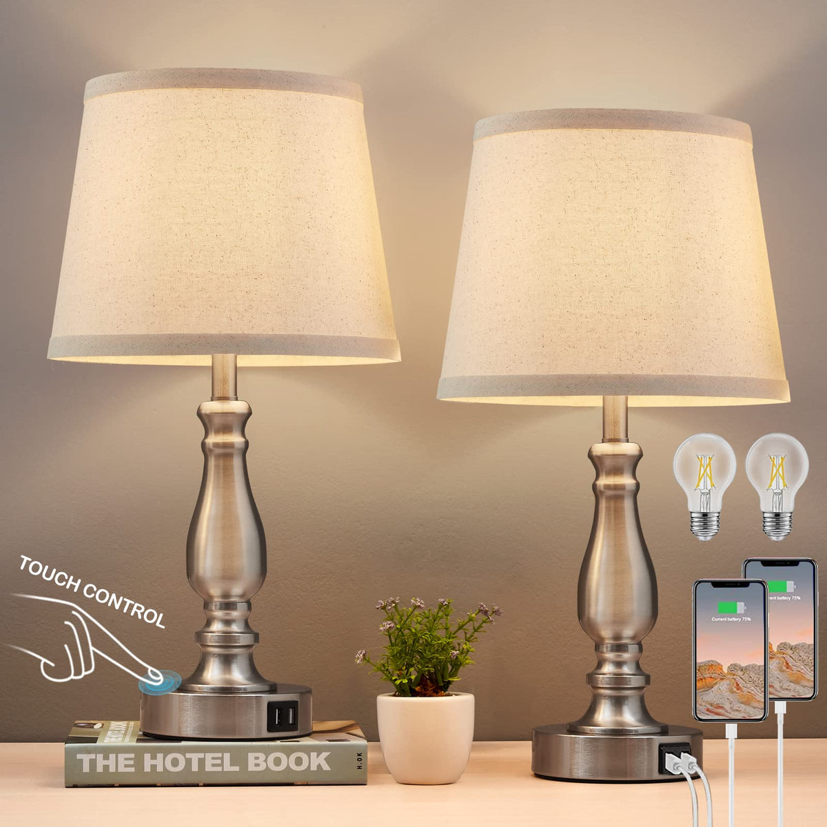 ejiaxin bedside lamps set 2 with brushed nickel finish, ideal for coordinated bedroom lighting.