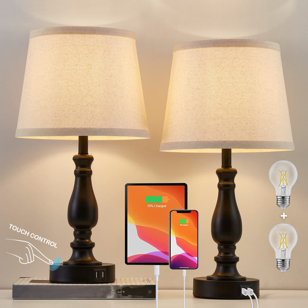 EJIAXIN bedside lamps set of 2 with USB ports for nighttime charging