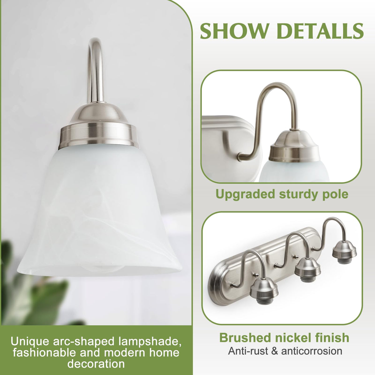 EJIAXIN brushed-nickel wall lamp with white glass shades for soft ambience