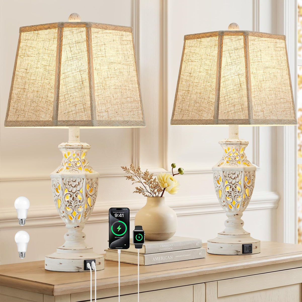 EJIAXIN night stand lamp with cream linen shade for cozy bedrooms or living spaces.