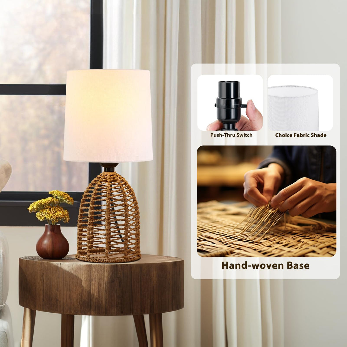 Dimensions highlight of 13.75-inch rattan lamp pair for compact spaces