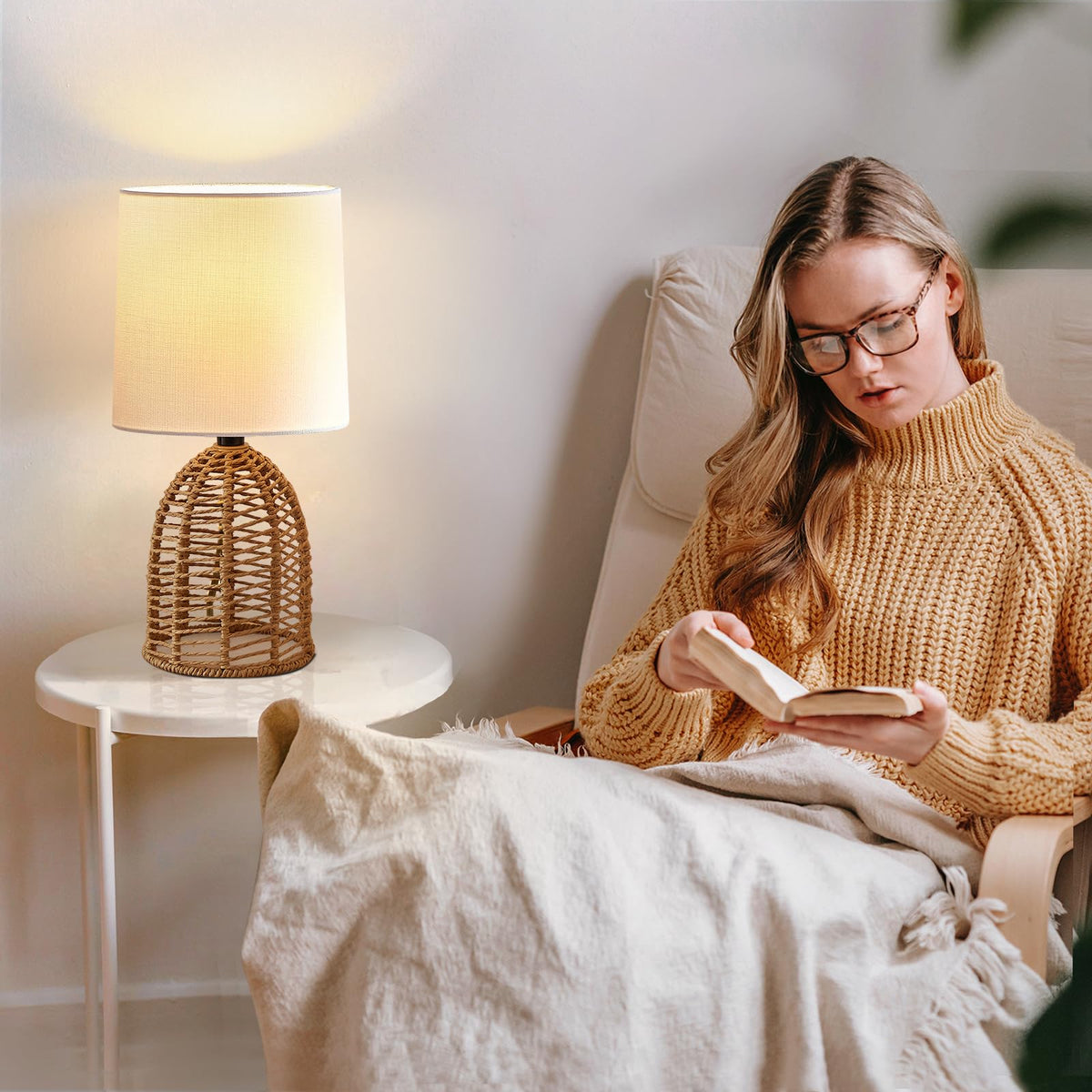 Textured fabric shade on EJIAXIN rattan lamp enhancing soft illumination