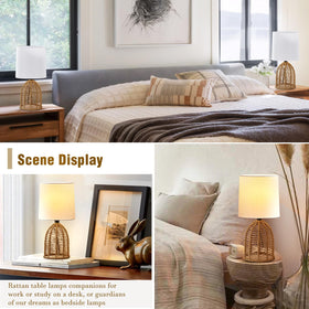 Small-space nightstand setup featuring the compact EJIAXIN rattan lamp duo
