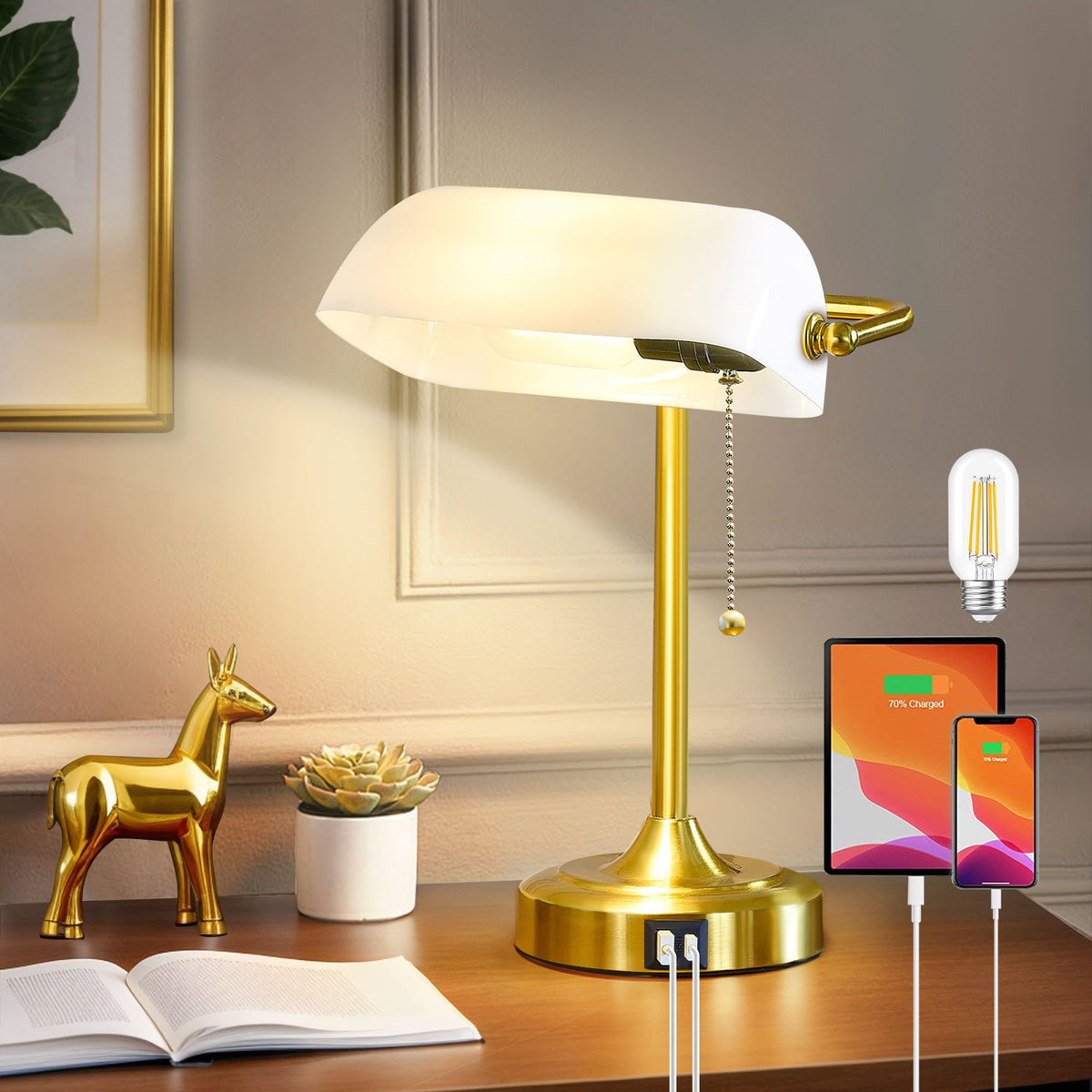 EJIAXIN vintage desk lamp base with USB-C port for convenient charging.
