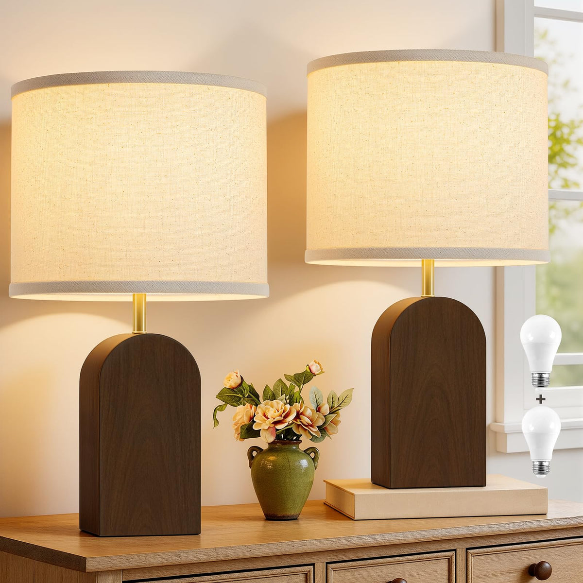 EJIAXIN wood table lamp set in walnut on a bedside table for cozy bedroom ambience.