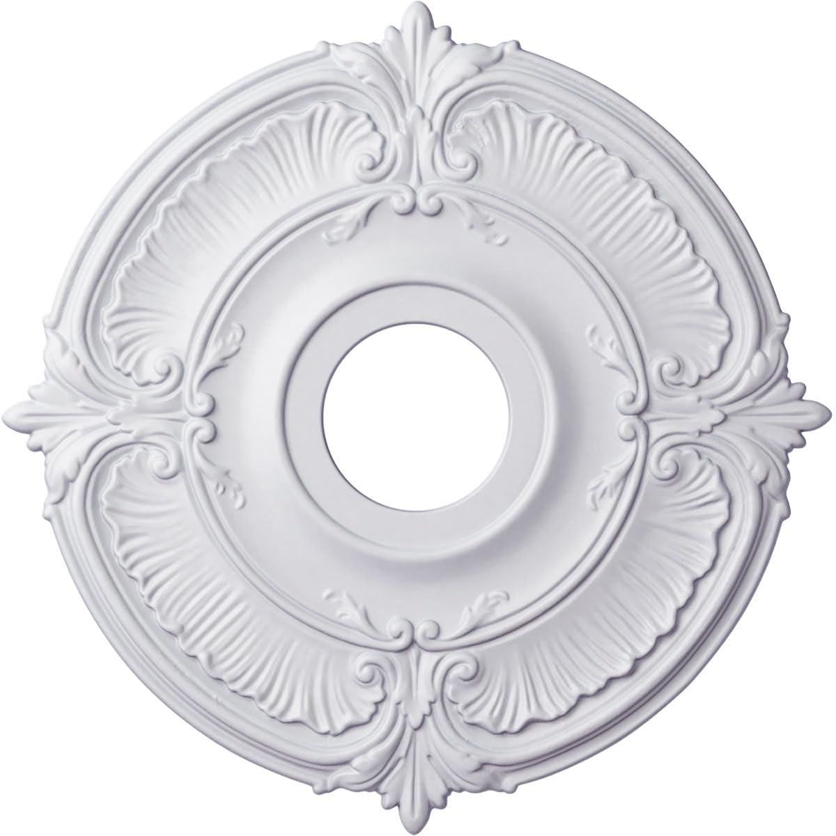 Attica ceiling medallion by Ekena Millwork around chandelier, 18in outer diameter