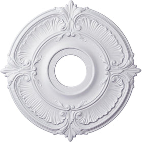 Attica ceiling medallion by Ekena Millwork around chandelier, 18in outer diameter