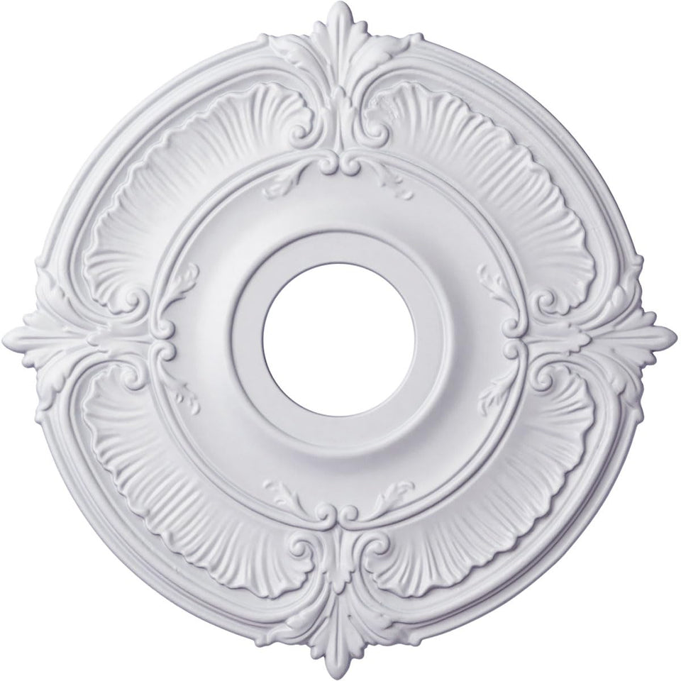 Attica ceiling medallion by Ekena Millwork around chandelier, 18in outer diameter