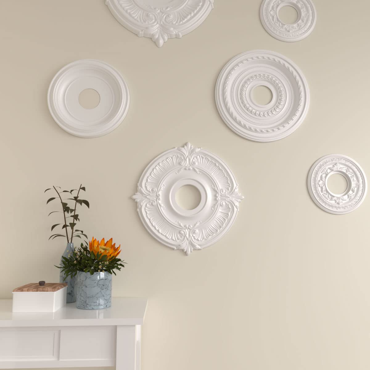 Paint-ready Attica medallion primed and ready for finish