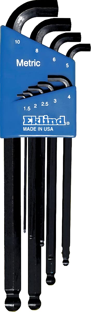 Eklind 13509 Stubby-Ball-Hex-L keys show metric sizes 1.5–10 mm for tight-space work.