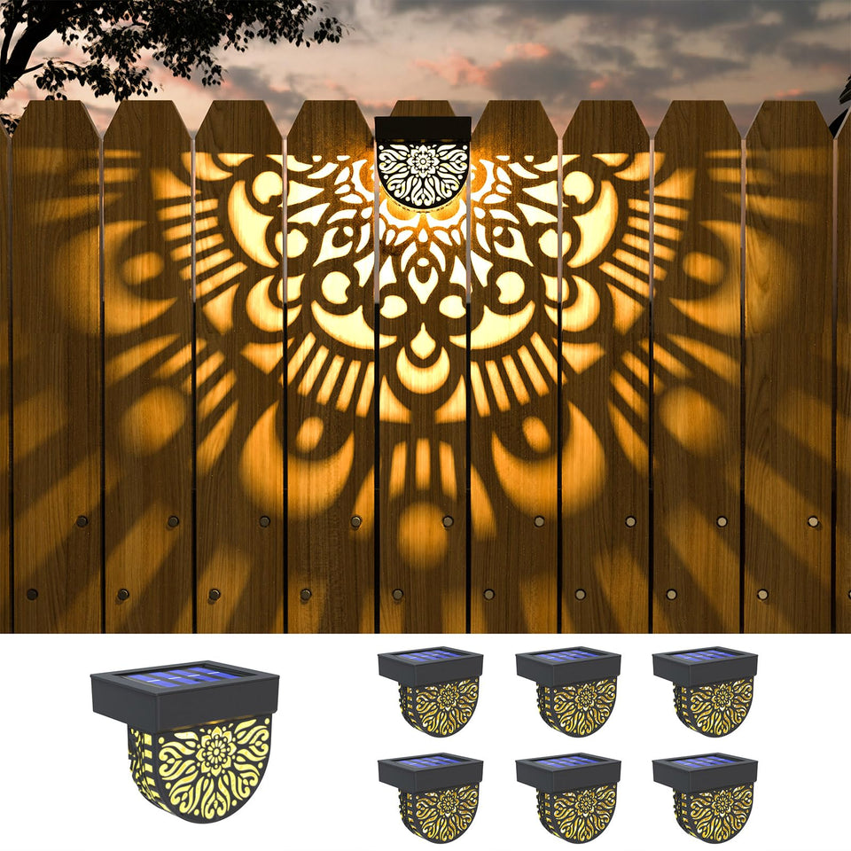 EKQ 6-pack solar fence lights project mandala patterns for warm ambiance