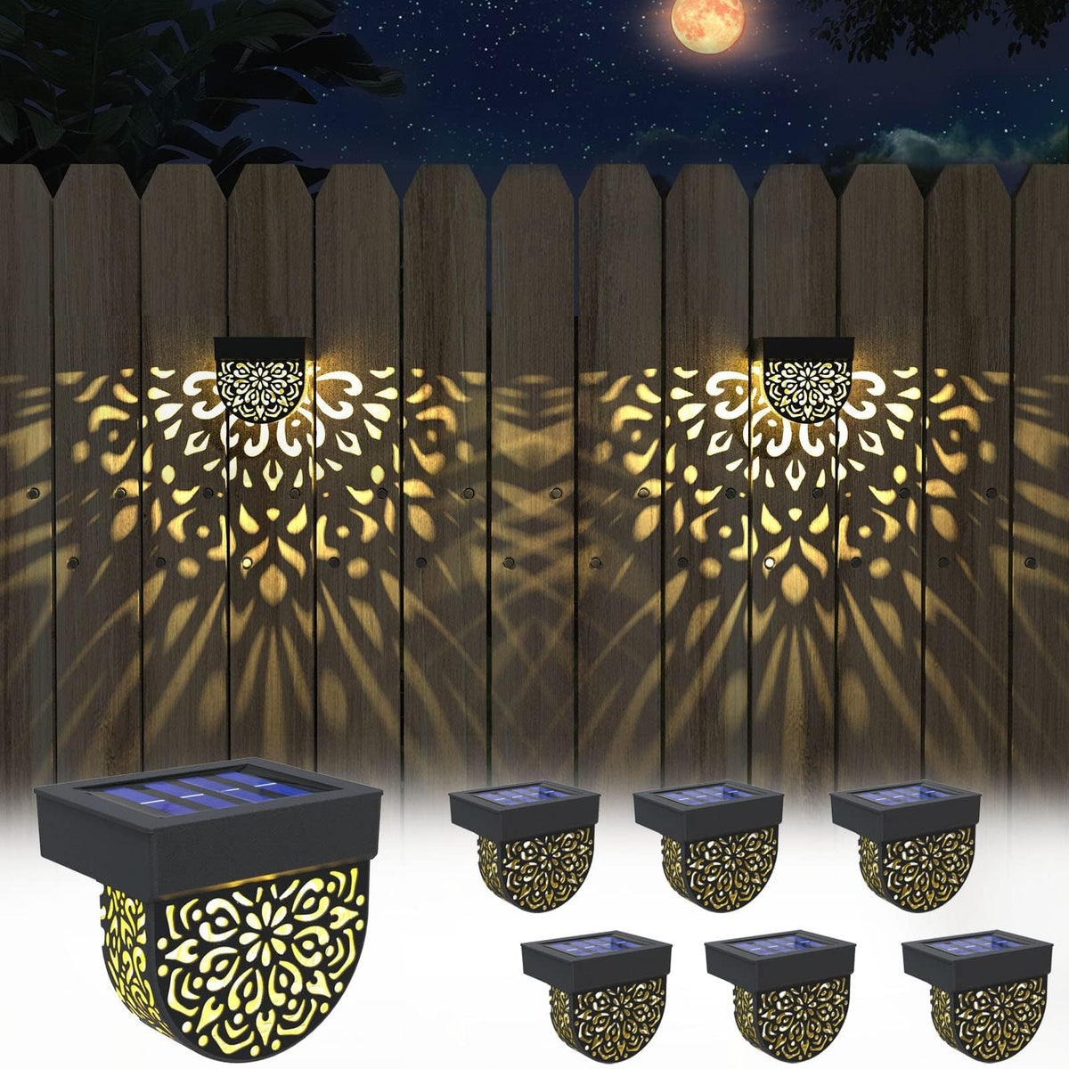 EKQ solar fence lights illuminate pathways with a warm yellow glow