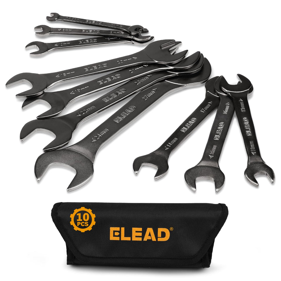 ELEAD 10-piece open-end wrench set shown with 3mm thin profile for tight spaces
