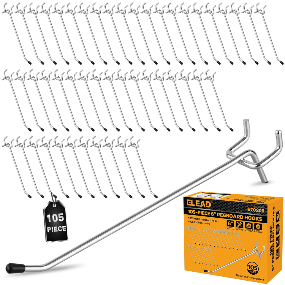 ELEAD 105-piece pegboard hooks set, close-up of galvanized finish for durable storage.