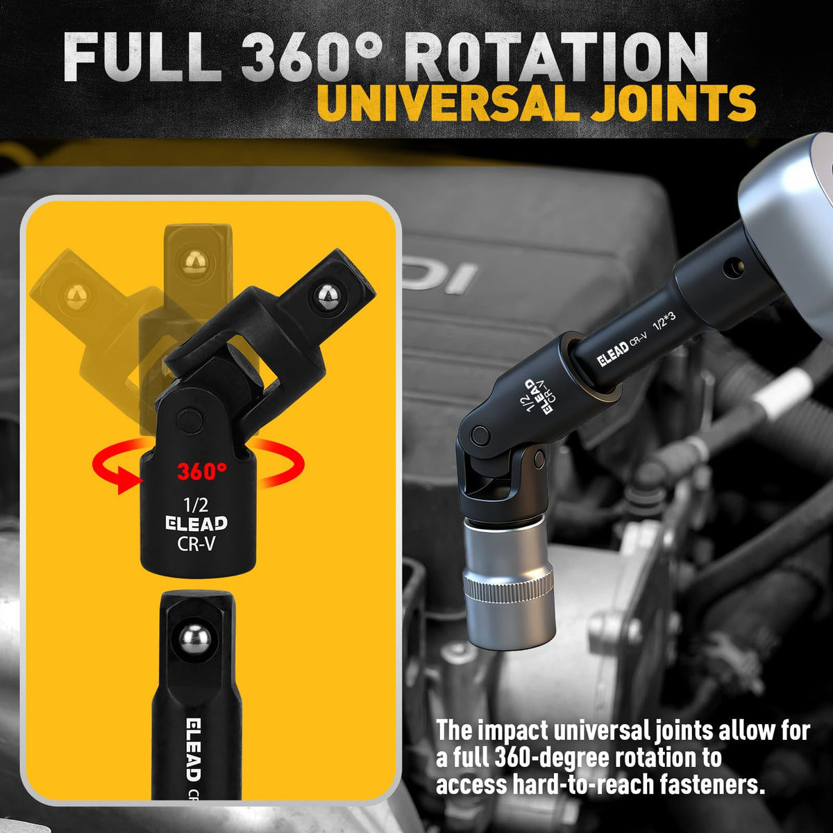ELEAD 18-piece set includes 1/2 drive extensions for heavy-duty applications.