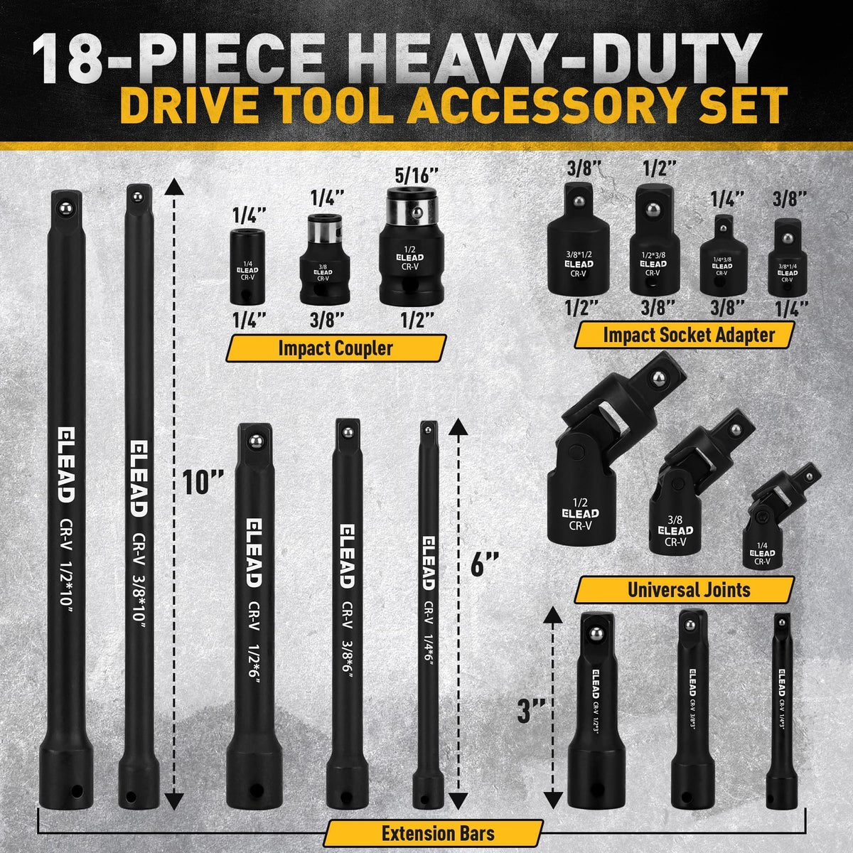ELEAD 18-piece set with 3/8 drive improves reach for awkward angle fasteners.