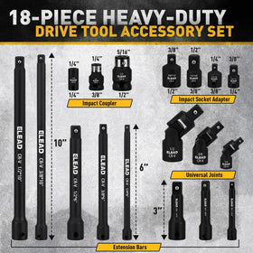 ELEAD 18-piece set with 3/8 drive improves reach for awkward angle fasteners.