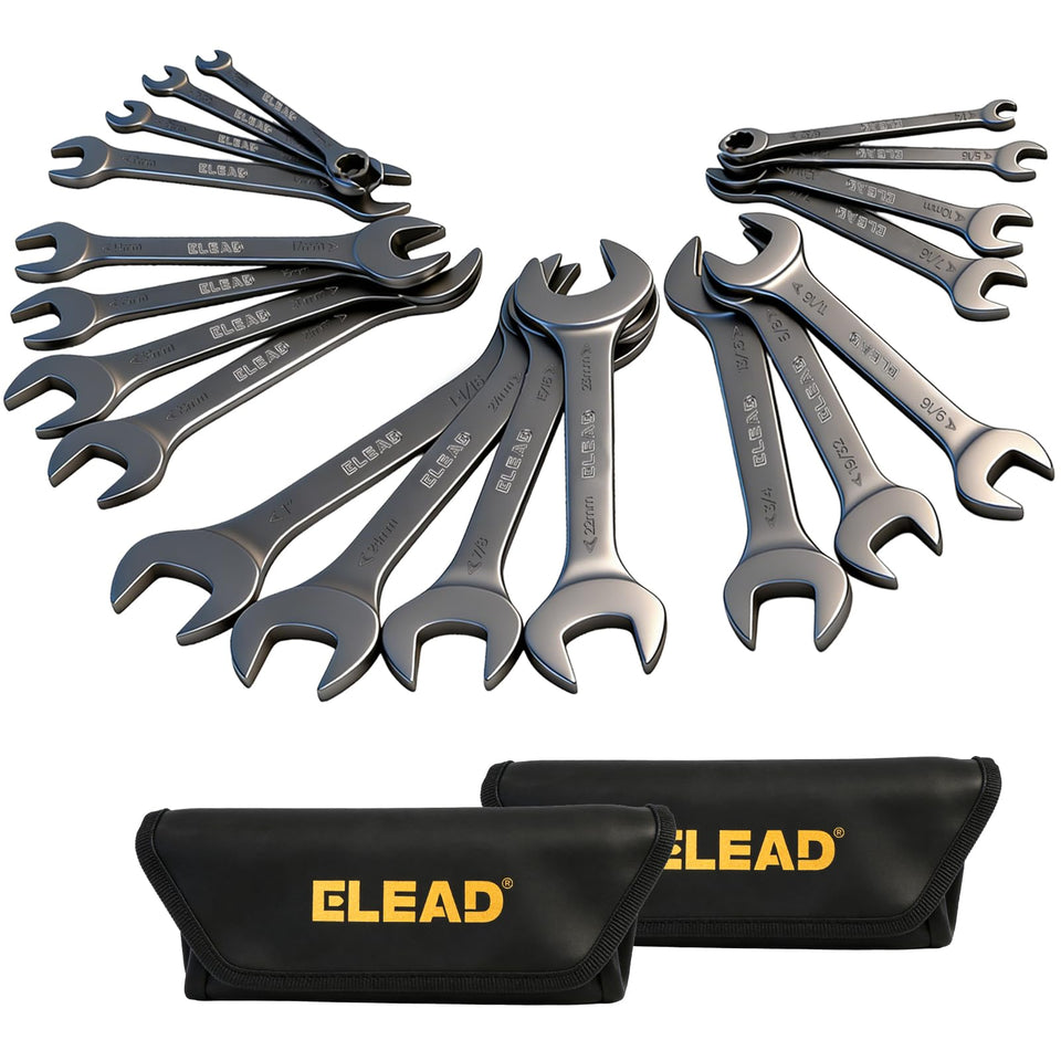 ELEAD 19-piece super-thin open-end wrenches shown in tight spaces for precise access.