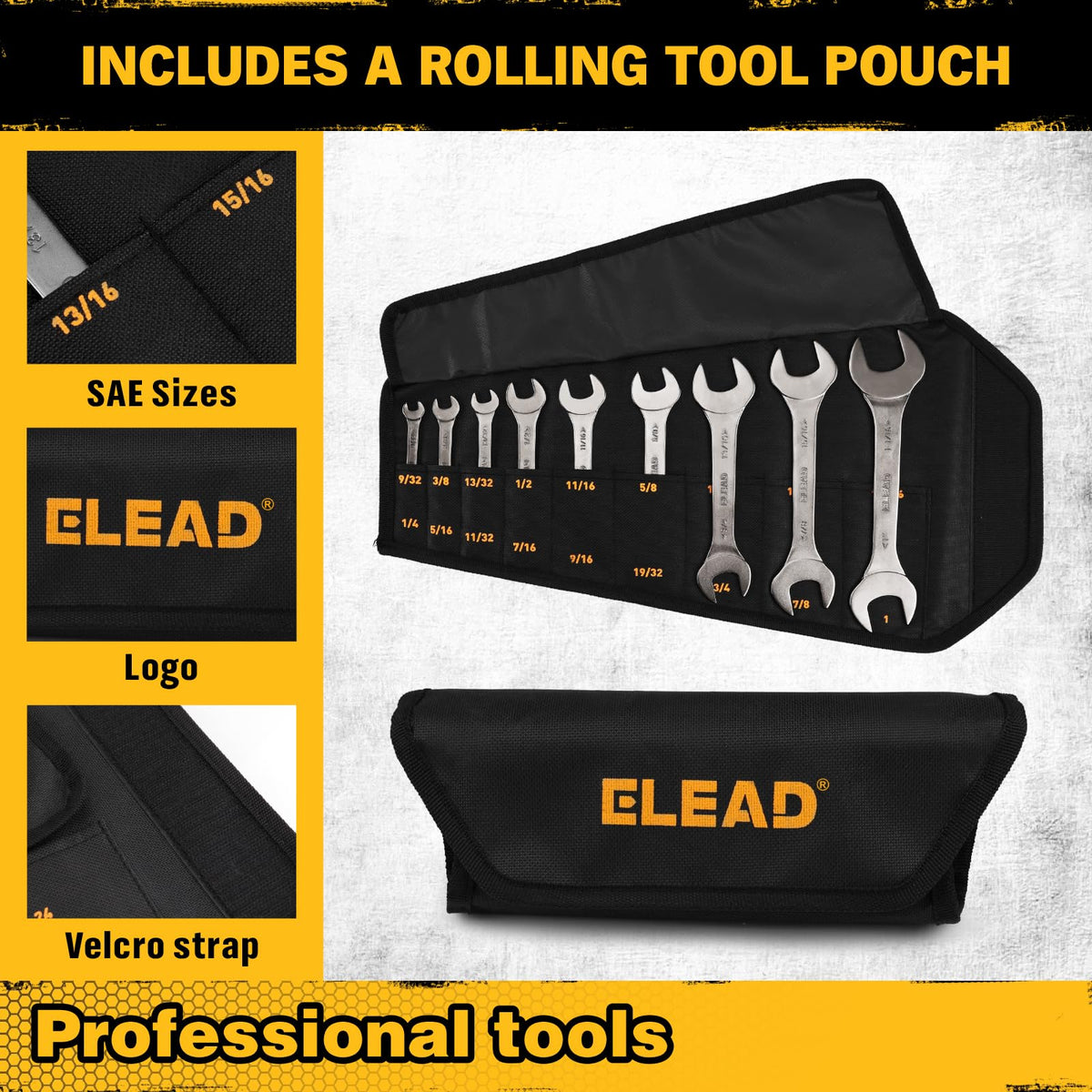 ELEAD roll-up pouch keeps wrenches organized and portable on site.