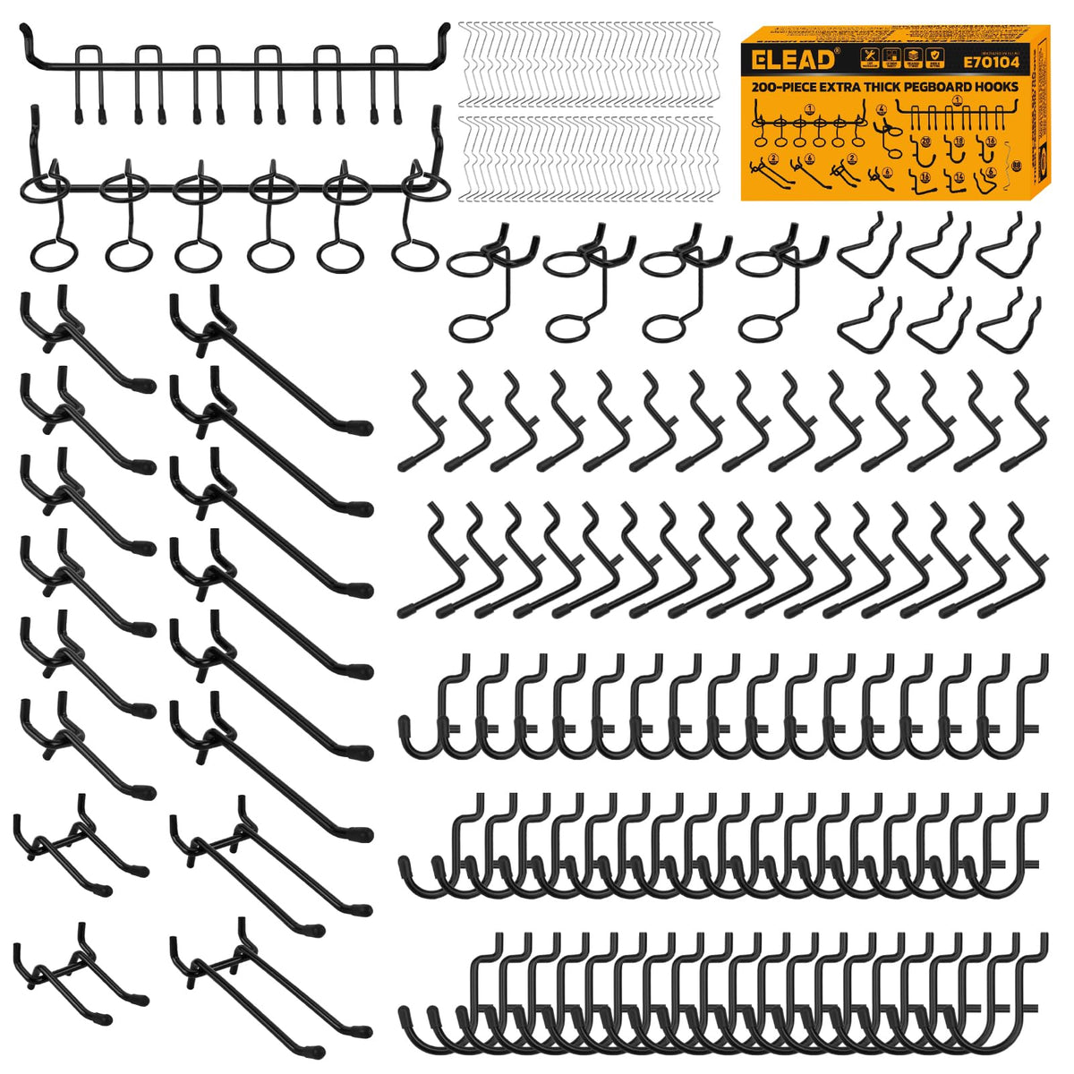ELEAD 200-piece pegboard hooks set keeps tools organized on pegboards.