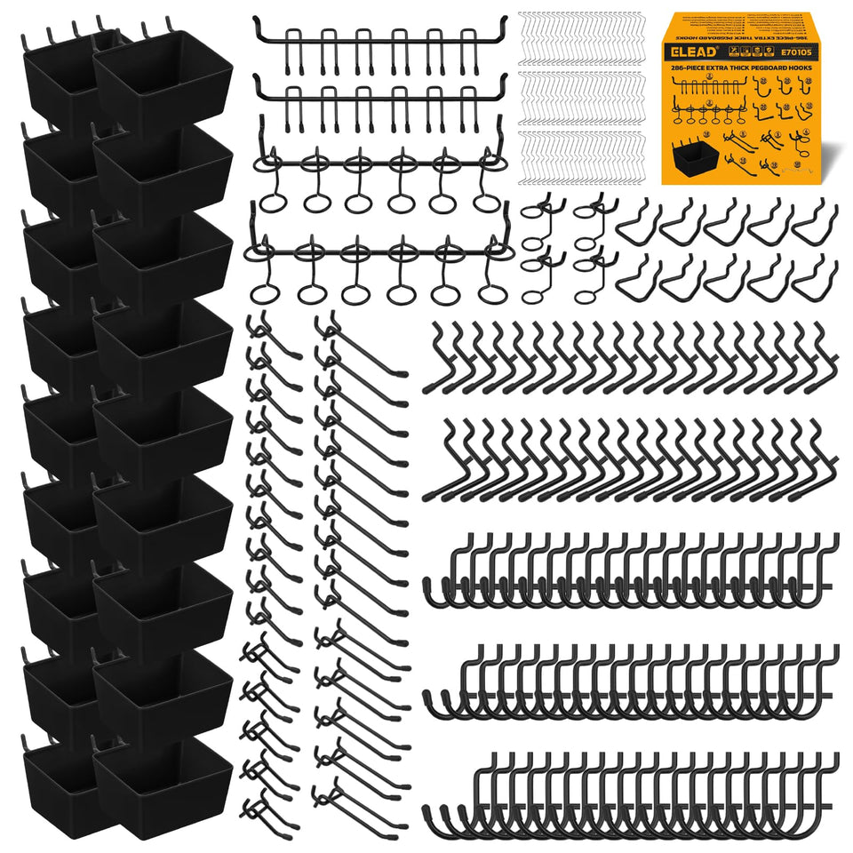 ELEAD 286-piece pegboard hooks packaging shows value and versatility for any workspace.