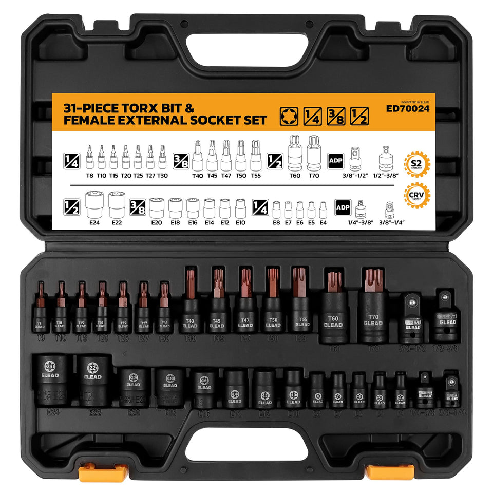 ELEAD 31-piece Torx set with T8-T70 star bits for automotive work
