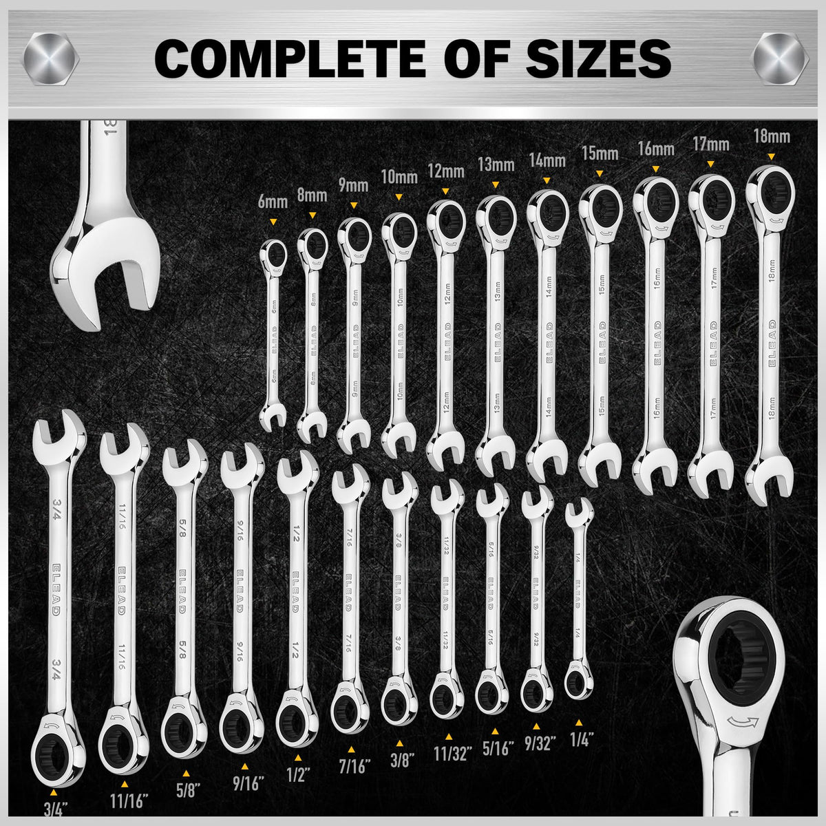 Metric and SAE sizes 6-18 mm and 1/4-3/4 inch, ELEAD wrench set in use