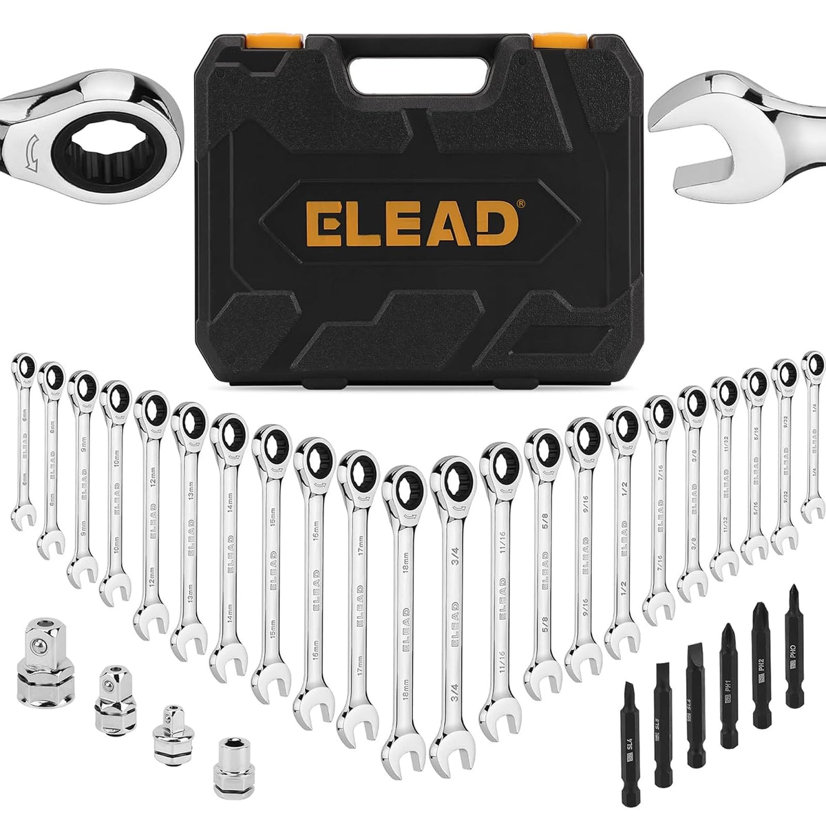 ELEAD 33-Piece Wrench Set opened for tight-space work, showcasing ratcheting capability and versatility