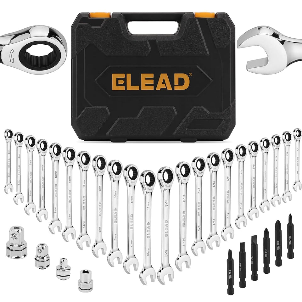 ELEAD 33-Piece Wrench Set opened for tight-space work, showcasing ratcheting capability and versatility