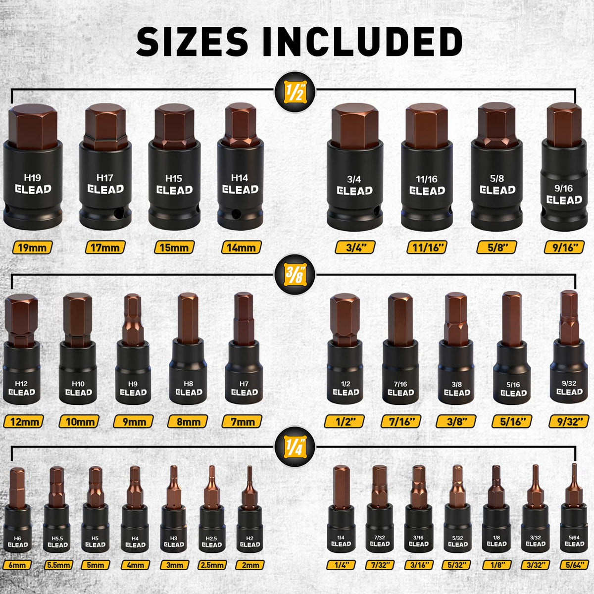 ELEAD 35-piece hex sockets with 3-8 inch drive support heavy-duty repairs