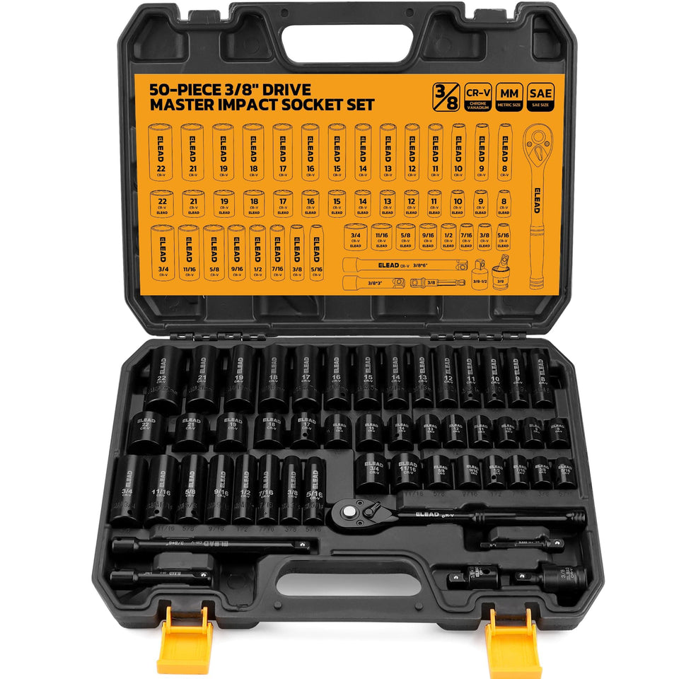 ELEAD 3/8 drive socket set case keeps tools organized for quick access.