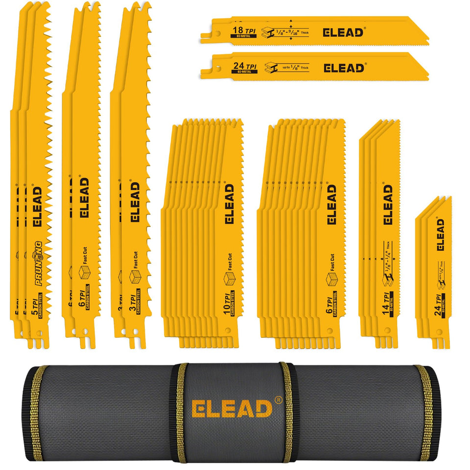 ELEAD 40-piece bi-metal saw blade set with storage pouch for versatile cutting.