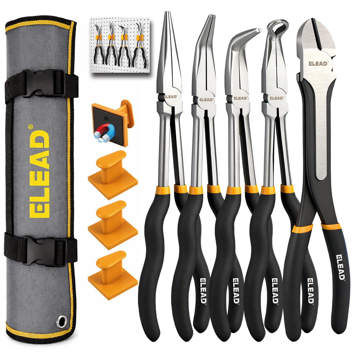 ELEAD 5-piece pliers set with 11-inch straight needle nose for precise grip.