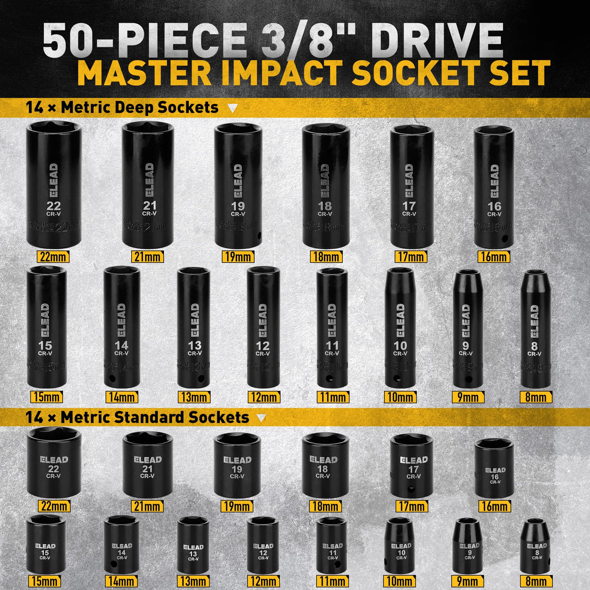 ELEAD 50-piece socket set with metric and SAE sizes for versatile repairs.