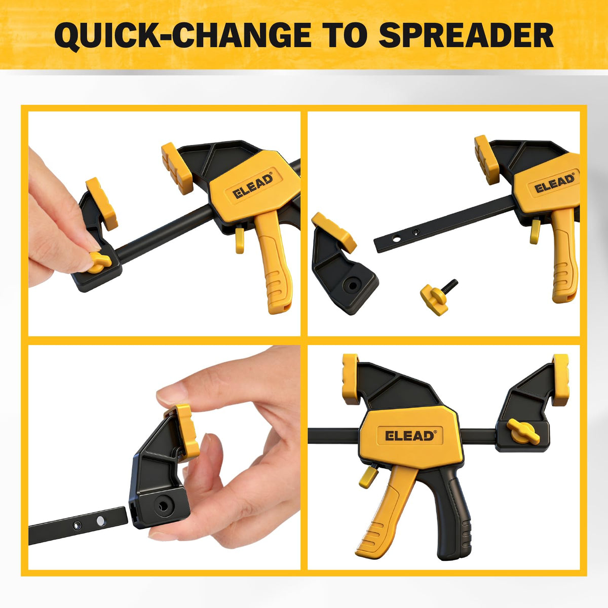 ELEAD dual-function clamps feature a heavy-duty steel rail for reliable grip.