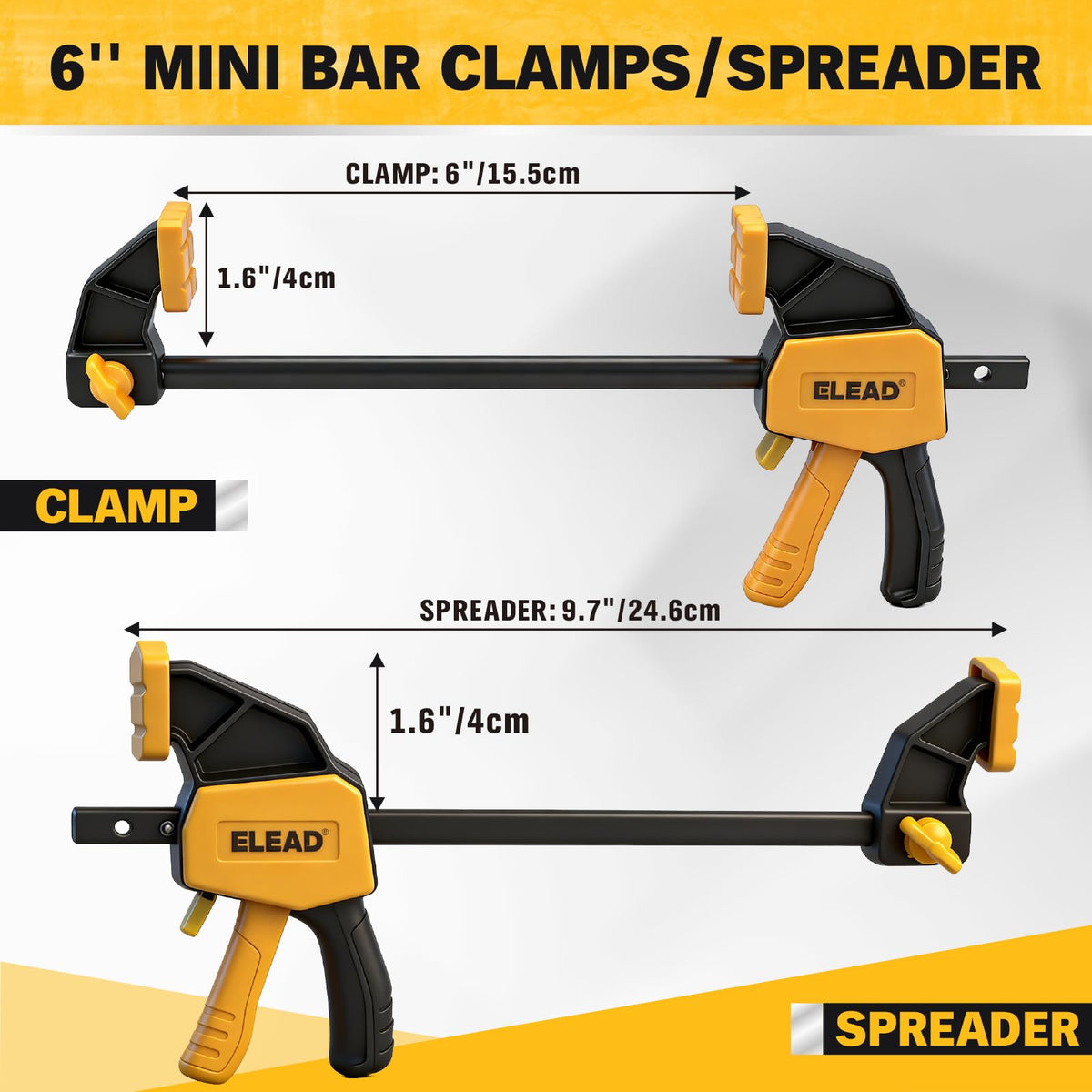 ELEAD mini bar clamps demonstrate one-handed operation for easy positioning.