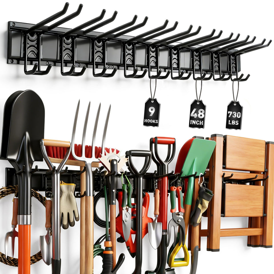 ELEAD 9-pair heavy-duty hooks securing garage tools.