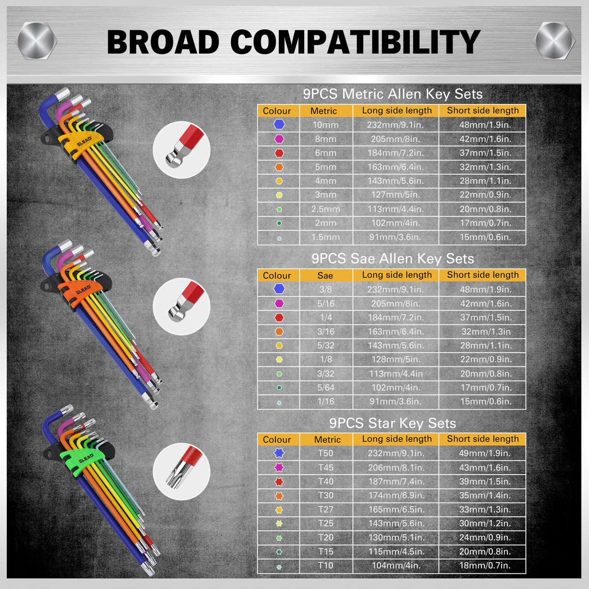 ELEAD ball-end hex wrenches tilt to reach tight spots.