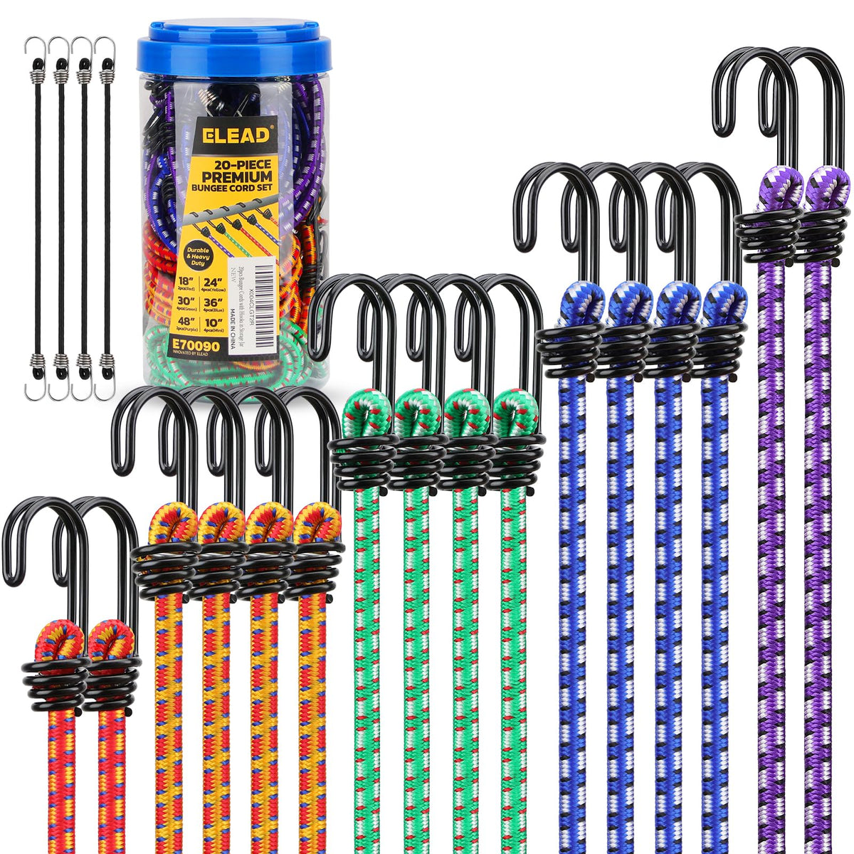 ELEAD 10-inch heavy duty bungee cord in storage jar for quick tarp securing
