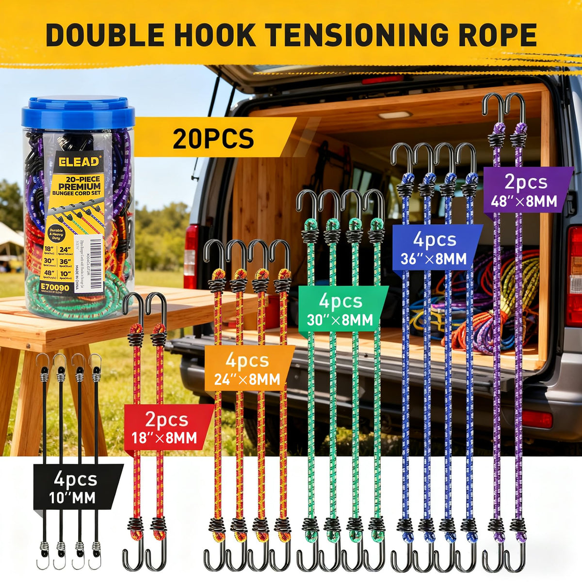 ELEAD 18-inch heavy duty bungee cord with hooks in storage jar for camping gear