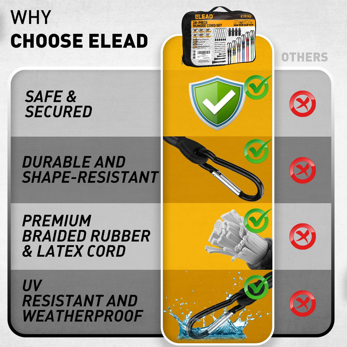 ELEAD carabiner bungee cord 24 inch compact tie down for camping